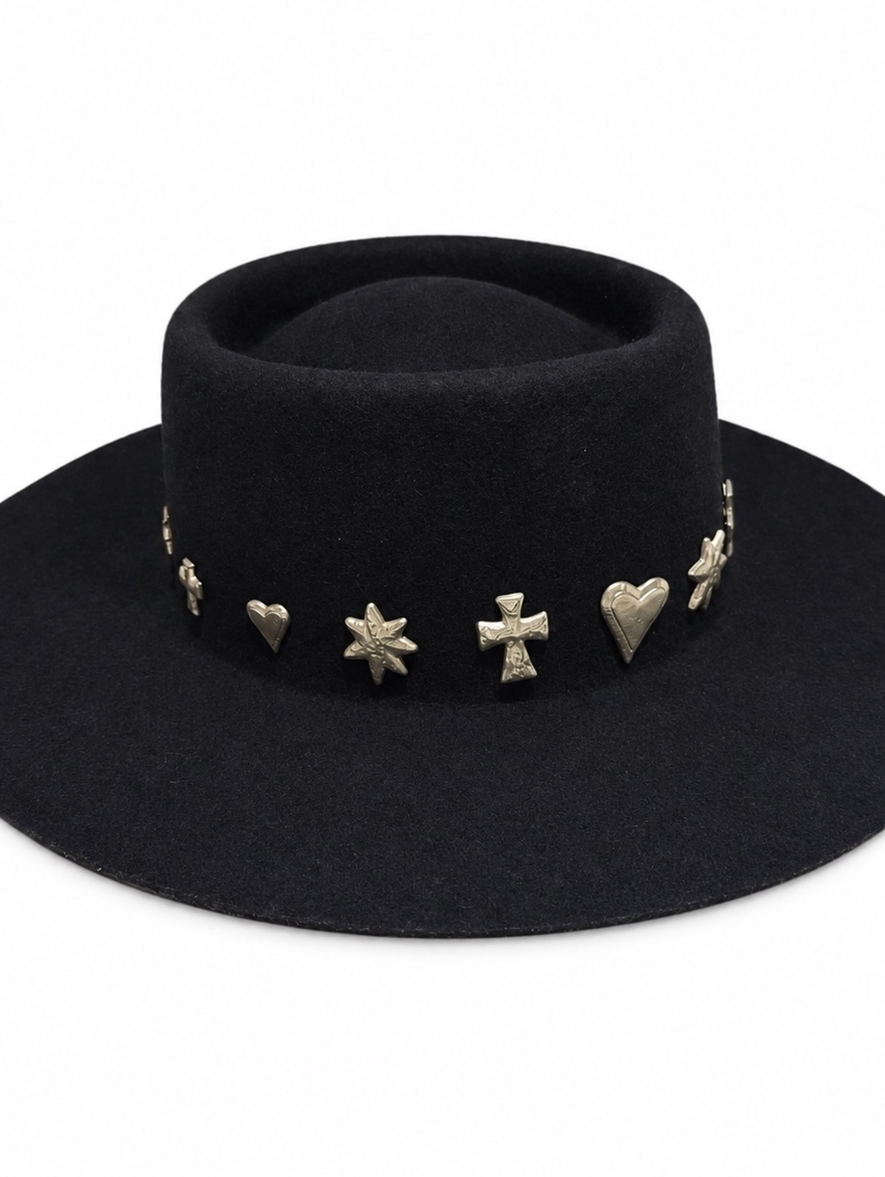 Lack of Color Large Black Wool Felt Hat with Silver Stud Embellishments